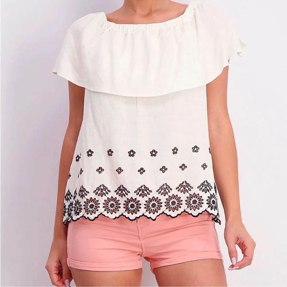 Old Navy cold shoulder embroidered linen ruffle top w/ cutwork white black Sz M - Picture 12 of 14